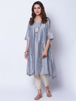 Biba - Grey Front Open Printed Kurta With Inner With Necklace (Set of 3)