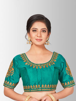 Mimosa - Teal Semi Stitched Raw Silk Blouse With Hand Work