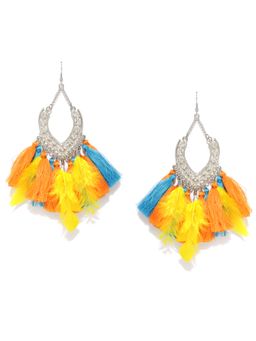 Blueberry - Silver Tone Multicolor Tassel & Feather Detailing Drop Earrings