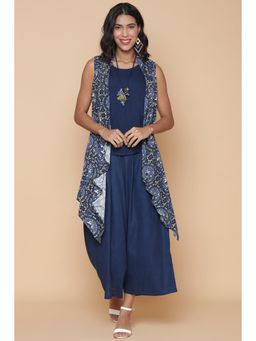 Biba - Blue Viscose Short Top and Shrug with Mask And Necklace (Set of 4)