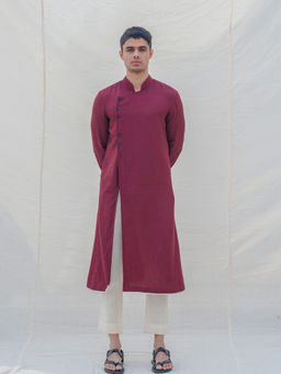 Bohame - Cotton X Linen In Maroon Kurta With Pajama (Set of 2)
