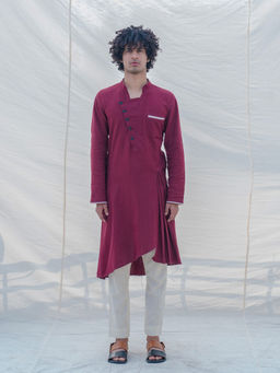 Bohame - Cotton X Linen In Maroon Kurta With Pajama (Set of 2)