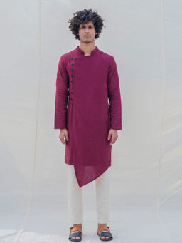 Bohame - Cotton X Linen In Maroon Kurta With Pajama (Set of 2)