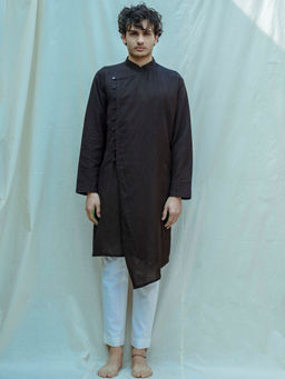 Bohame - Cotton X Linen Overlapped Kurta With Pajama In Black (Set of 2)