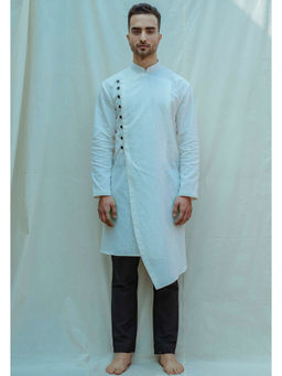 Bohame - Cotton X Linen Overlapped Kurta With Pajama In White (Set of 2)