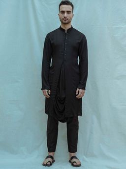 Bohame - Cowl Kurta And In Black Tencel (Set of 2)