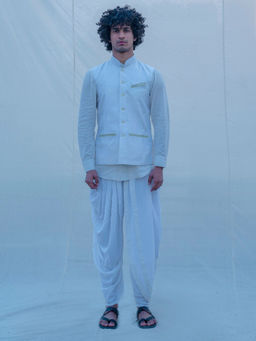 Bohame - Raw Silk Off White Waist Coat And Pajama (Set of 2)