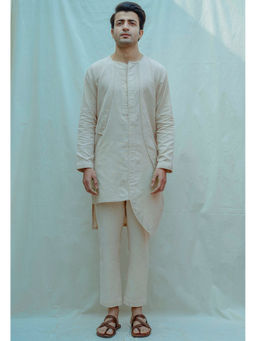 Bohame - Cotton X Linen Panelled Kurta With Pajama In Beige (Set of 2)