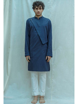 Bohame - Cotton X Linen Overlap Kurta And Pajama In Royal Blue (Set of 2)