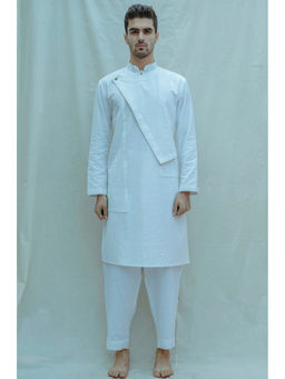 Bohame - Cotton X Linen Overlap Kurta And Pajama In White (Set of 2)