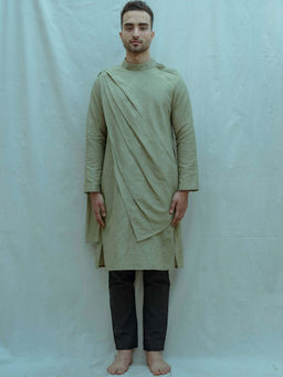 Bohame - Cotton X Linen Back Pleated Kurta With Pajama In Green (Set of 2)