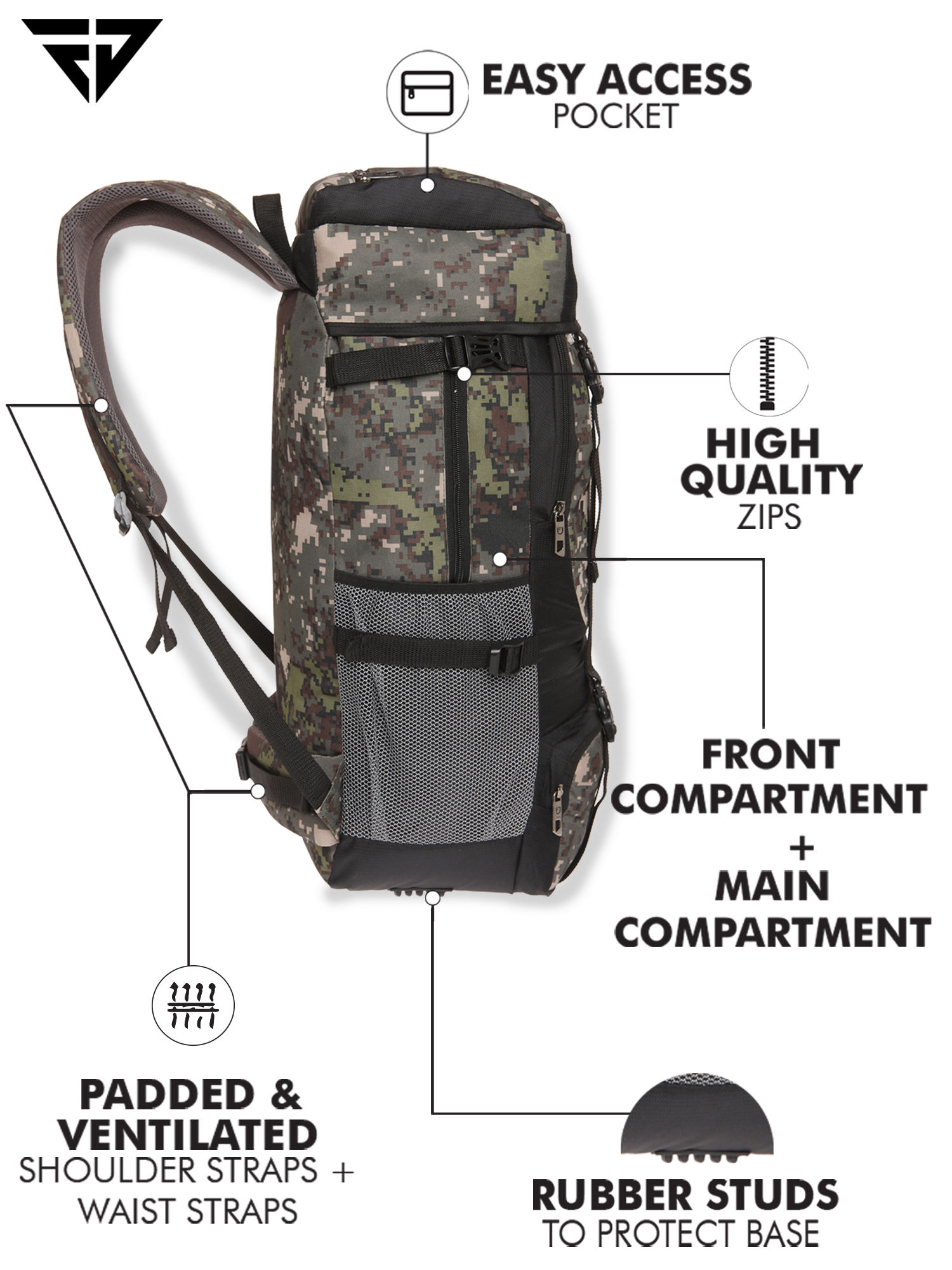Buy FUR JADEN Green Military 55L Rucksack Travel Backpack Bag for