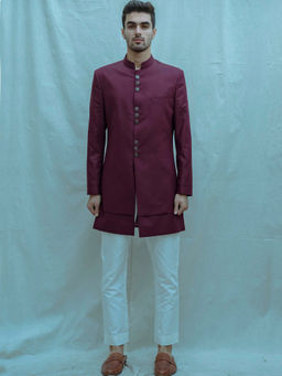 Bohame - Classic Bandgala Kurta And Pajama In Wine Colour (Set of 2)