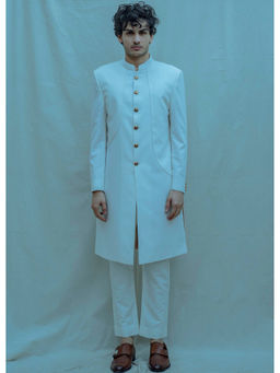 Bohame - Panelled Achkan Kurta And Pajama In Off White (Set of 2)