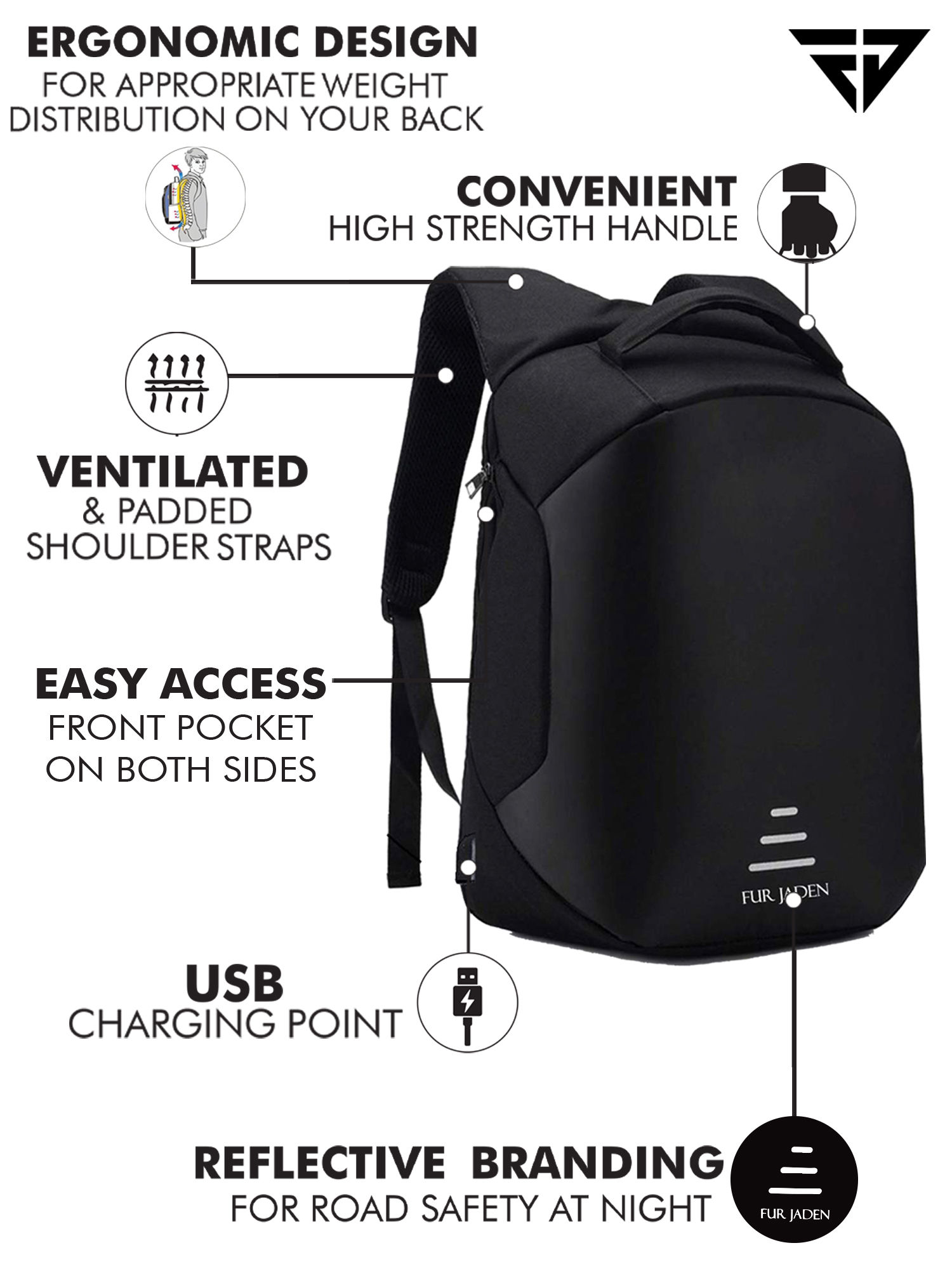 Buy FUR JADEN Black 20L Anti Theft Bag 15.6 Inch Laptop Backpack