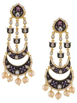 Tribe Amrapali - Gold Plated Black Enamelled Lotus Pearl Moon Earrings