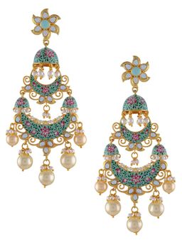 Tribe Amrapali - Gold Plated Sea Green Floral Jhumki Lotus Pearl Earrings