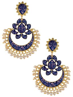 Tribe Amrapali - Gold Plated Navy Blue Enamelled Lotus Pearl Drops Earrings