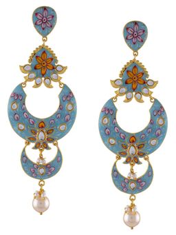 Tribe Amrapali - Gold Plated Aqua Flower Enamelled Glass Moon Earrings