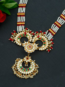 Silvermerc Designs - Women Gold-Plated Red & White Kundan & Pearl Studded Pearl Matha Patti