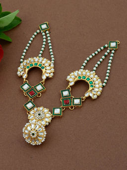 Silvermerc Designs - Gold-Plated Green & Red Stone & Pearl Beaded Hand-Crafted Matha Patti