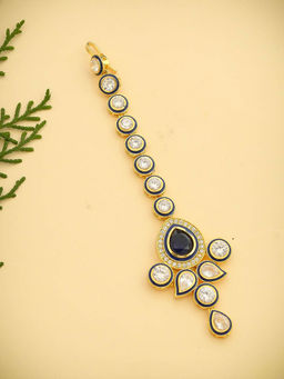 Silvermerc Designs - Gold-Plated Blue & White Kundan-Studded Antique Maang Tikka