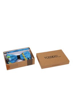 Tossido - Blue Double Stitch Printed Bowtie & Printed Pocket Square In Box