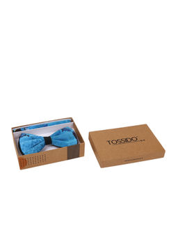 Tossido - Blue Double Stitch Printed Bowtie & Printed Pocket Square In Box