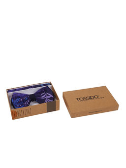Tossido - Navy Blue Double Stitch Printed Bowtie & Printed Pocket Square In Box