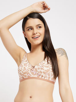 Clovia - Cotton Rich Printed Non-Padded Full Cup Wire Free Full Figure Bra - Nude