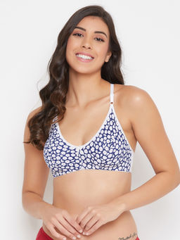 Clovia - Non-Padded Non-Wired Full Cup Floral Print Racerback Bra in Blue - Cotton