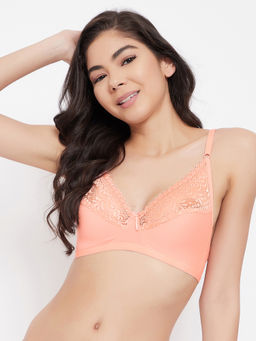 Clovia - Non-Padded Non-Wired Bra Peach -Cotton & Lace - Orange