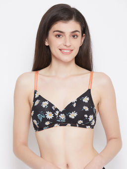 Clovia - Padded Non-Wired Floral Print T-Shirt Bra - Black