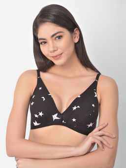 Clovia - Non-Padded Non-Wired Demi Cup Star Print Plunge Bra - Cotton - Black
