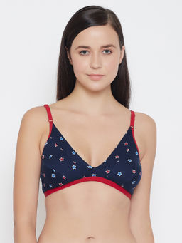 Clovia - Non-Padded Non-Wired Demi Cup Star Print Plunge Bra in Blue - 100% Cotton