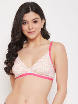 Clovia - Non-Padded Non-Wired Demi Cup Polka Print Plunge Bra - Cotton Rich - Beige