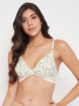 Clovia - Non-Padded Non-Wired Demi Cup Floral Print Plunge Bra in Beige - Cotton Rich