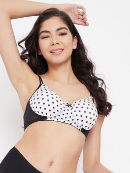Clovia - Padded Non-Wired Full Cup Polka Print T-shirt Bra - White