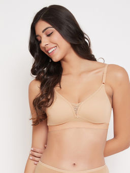 Clovia - Cotton Rich Solid Non-Padded Full Cup Wire Free T-shirt Bra - Beige