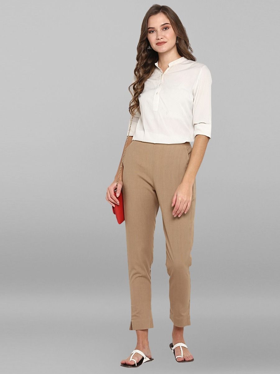Beige Cotton Plain Narrow Pant 