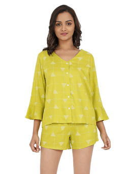 Bstories - Women's Green Checks Frill Sleeve Shorty Set