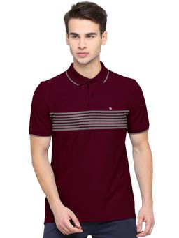 BULLMER - Burgundy Men Cotton Blend Polo Neck Stripes T-shirts