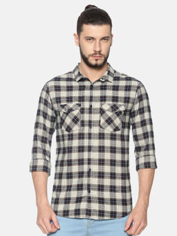 SHOWOFF - Cotton Navy Blue Checks Casual Slim Fit Shirt