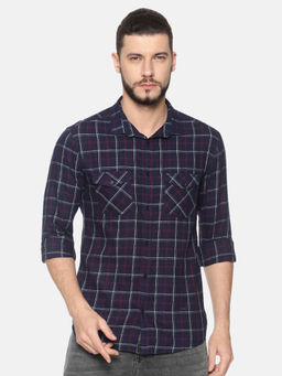 SHOWOFF - Cotton Navy Blue Red Checks Casual Slim Fit Shirt