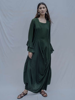 Bohame - Bottle Green Asymmetric Dress With Necklace(Set of 2)