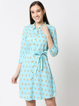 Bewakoof - Women's All Over Printed Button Down Blue Dress