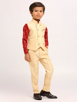 Kids Island - Beige Fawn Cotton Shirt Waistcoat with Pant (Set of 3)