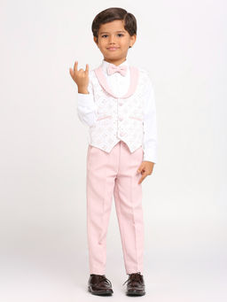 Kids Island - White Sequin Cotton Shirt Waistcoat with Pant & Bow Tie (Set of 4)