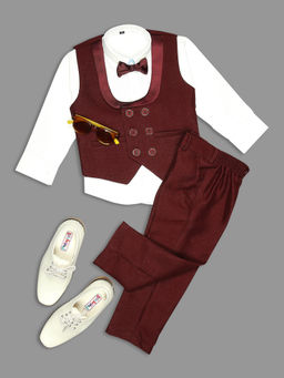 Kids Island - Wine Satin Shirt Waistcoat with Pant & Bow Tie (Set of 4)