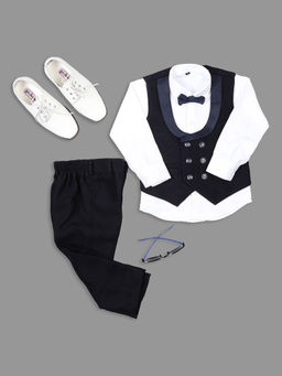 Kids Island - Navy Blue Satin Shirt Waistcoat with Pant & Bow Tie (Set of 4)